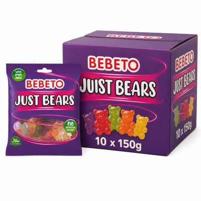 Bebeto Just Bears 150g Box showcasing gummy bear sweets with real fruit juice and no artificial colors.