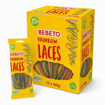 Bebeto Rainbow Laces 160g Box showcasing chewy, vibrant jelly laces with no artificial colours in a 160g pack.