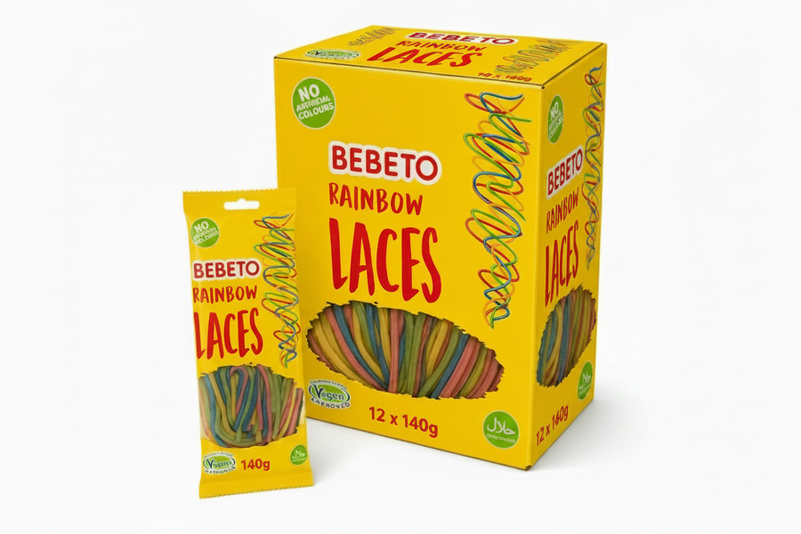 Bebeto Rainbow Laces 160g Box showcasing chewy, vibrant jelly laces with no artificial colours in a 160g pack.