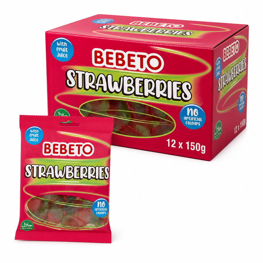 Bebeto Strawberries 150g Box featuring classic jelly sweets with real fruit juice and no artificial colours.