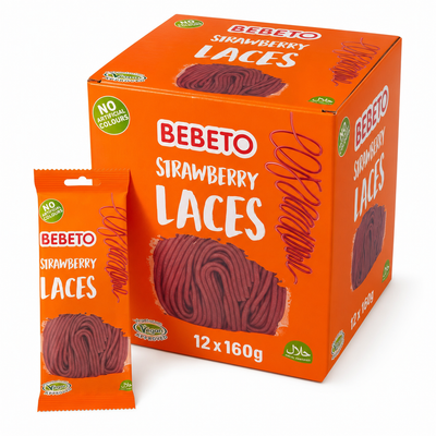 Bebeto Strawberry Laces 160g Box featuring colorful packaging and chewy strawberry laces.