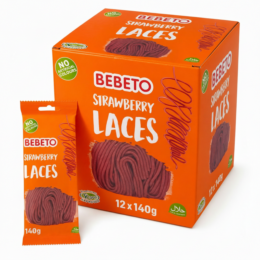 Bebeto Strawberry Laces 160g Box featuring colorful packaging and chewy strawberry laces.