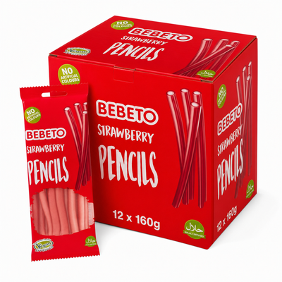 Bebeto Strawberry Pencils 160g Box with colorful jelly pencil sweets in packaging on a white background.