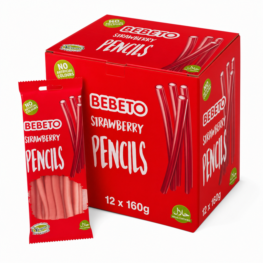 Bebeto Strawberry Pencils 160g Box with colorful jelly pencil sweets in packaging on a white background.