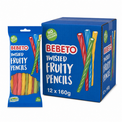 Bebeto Twisted Fruity Pencils 160g Box with colorful jelly pencil sweets and packaging.