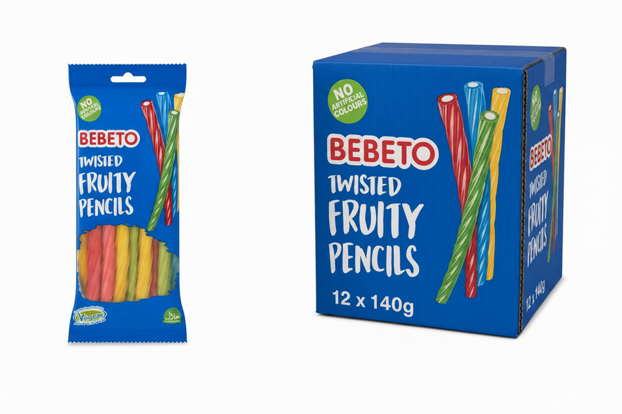 Bebeto Twisted Fruity Pencils 160g Box with colorful jelly pencil sweets and packaging.