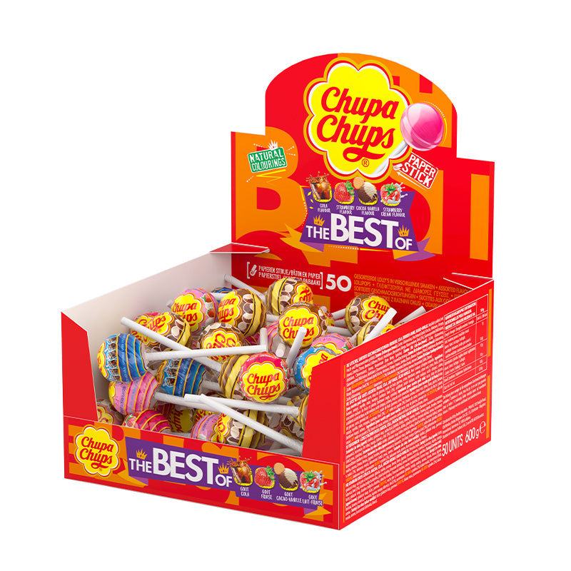 Chupa Chups Lollipop Box featuring 50 individually wrapped lollipops in various flavors in a colorful display.
