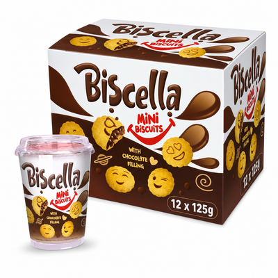 Biscella Mini Chocolate Filled Biscuits 125g Box with resealable tub and cookies featuring chocolate filling.