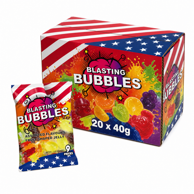 Blasting Bubbles Fruit Shape Jelly 40g Box featuring assorted fruit-shaped jelly sweets in colorful packaging.