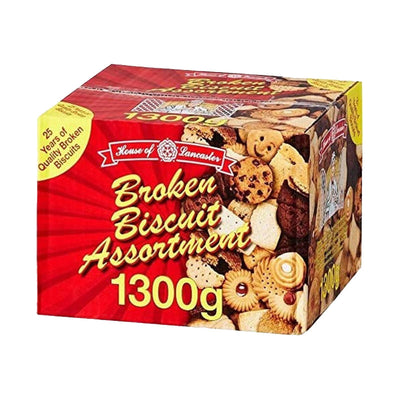 House of Lancaster 1.3Kg Broken Biscuits Assortment packaging with assorted broken biscuits.