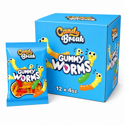 Candy Break Gummy Worms Halal 4oz Box with gummy worm packaging and box design.
