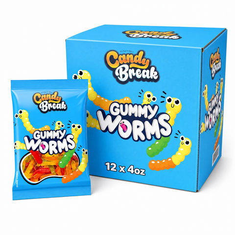 Candy Break Gummy Worms Halal 4oz Box with gummy worm packaging and box design.
