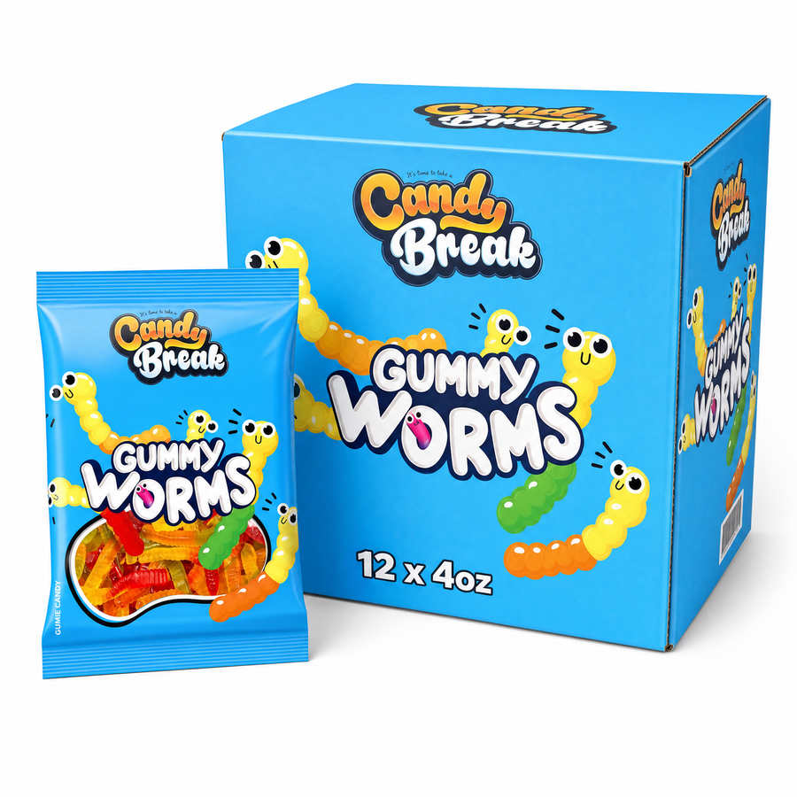 Candy Break Gummy Worms Halal 4oz Box with gummy worm packaging and box design.