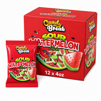 Candy Break Halal Sour Watermelon 4oz Box showing a box and individual pack of sour watermelon gummy slices.
