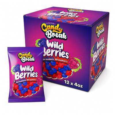 Candy Break Red Blue Berries 4oz Halal Box featuring vibrant red and blue berry gummy sweets.