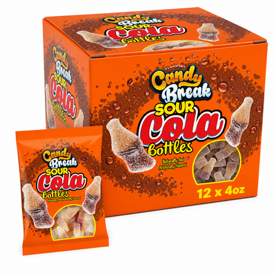 Candy Break Sour Cola Bottles 4oz Box with cola bottle-shaped gummy sweets in an orange packaging.