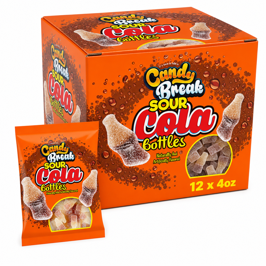 Candy Break Sour Cola Bottles 4oz Box with cola bottle-shaped gummy sweets in an orange packaging.
