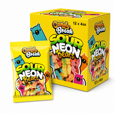 Candy Break Sour Neon Bears 4oz Box packaging next to a colorful 4oz bag of gummy bears.