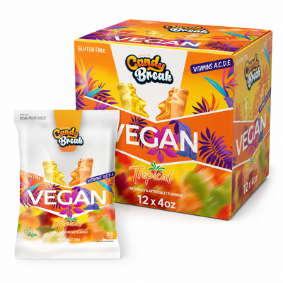 Candy (Vegan) Break Tropical 4oz Box featuring vibrant tropical gummy sweets.