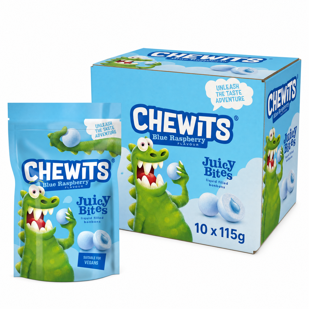 Chewits Blue Raspberry Juicy Bites 115g Box with vibrant packaging and adventurous character, suitable for vegans.