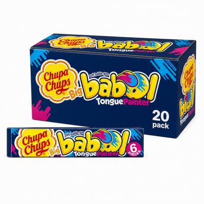 Chupa Chups Big Babol Bubblegum Blue Raspberry Tongue Painter Box with a pack of 20 pieces for fun flavored gum.