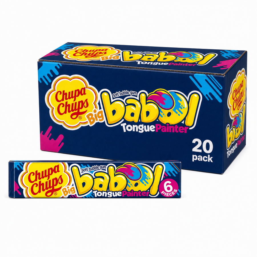 Chupa Chups Big Babol Bubblegum Blue Raspberry Tongue Painter Box with a pack of 20 pieces for fun flavored gum.