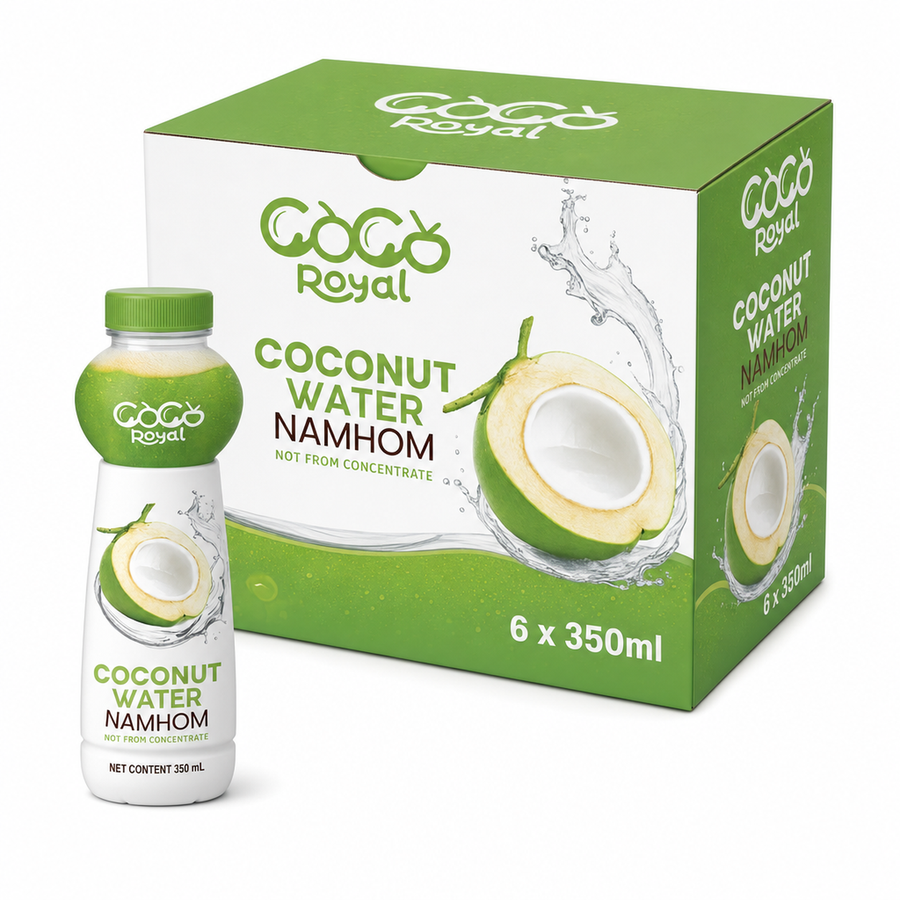 CoCo Royal Coconut Water 350ml Coconut Box with six bottles of refreshing coconut water.