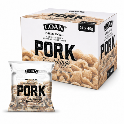 Coan Pork Scratchings Original 40g Box showcasing the crunchy, savory pork snack in convenient packaging.
