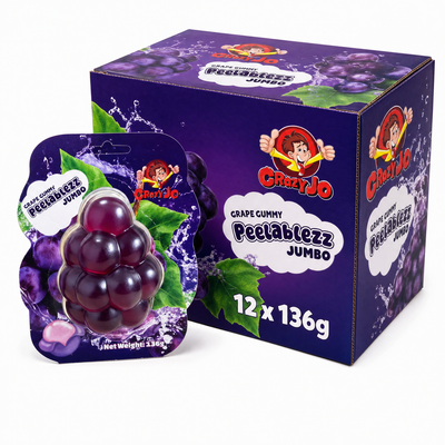 Crazy Jo Peelablezz Jumbo Grape 136g Box with grape gummy sweets in a colorful packaging
