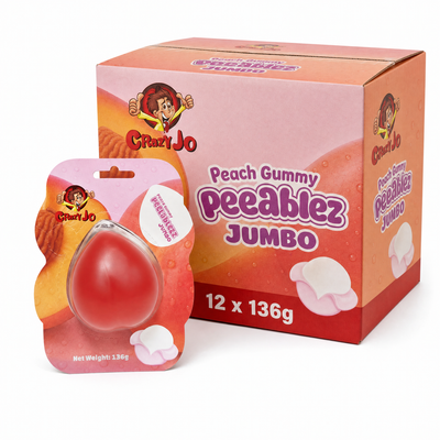 Crazy Jo Peelablezz Jumbo Peach 136g Box with a giant peelable gummy peach sweet and packaging