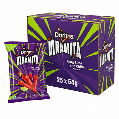 Doritos Dinamita - 54g Box featuring rolled tortilla chips with bold fiery lime and chili flavor.