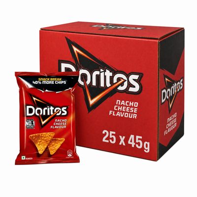 Doritos Nacho Cheese - 45g Box with 25 packs, showcasing bold nacho cheese flavor in a retail display.