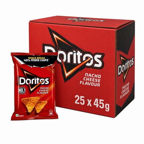 Doritos Nacho Cheese - 45g Box with 25 packs, showcasing bold nacho cheese flavor in a retail display.