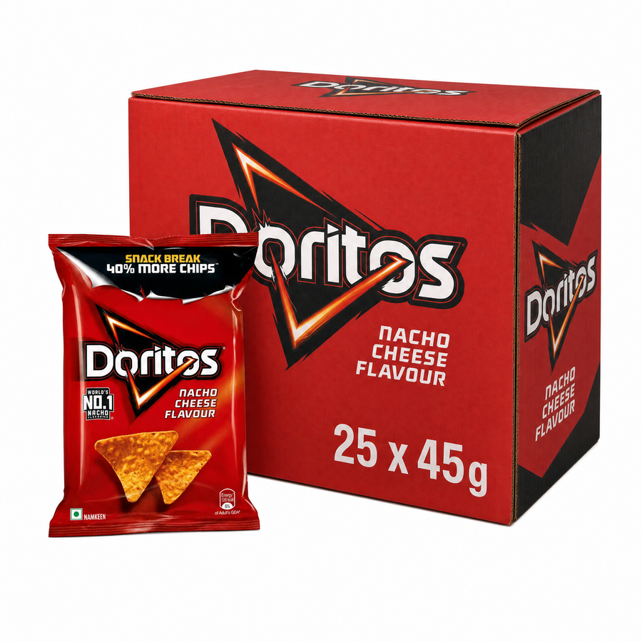 Doritos Nacho Cheese - 45g Box with 25 packs, showcasing bold nacho cheese flavor in a retail display.