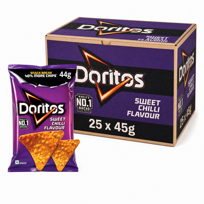 Doritos Sweet Chili - 45g Box featuring a pack of crunchy tortilla chips in a purple bag.