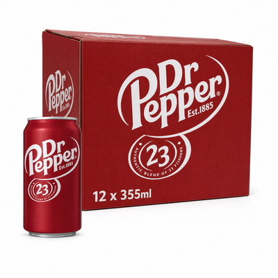Dr Pepper 23 355ml USA Box featuring a can and box packaging, showcasing 12 x 355ml cans of the unique soda.