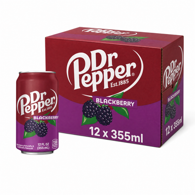 Dr Pepper 355ml (USA) Blackberry Box featuring a can and packaging of the blackberry flavor.