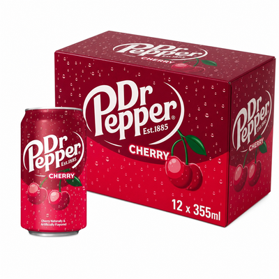 Dr Pepper 355ml (USA) Cherry Box with 12 cans in vibrant packaging showcasing cherry flavor.