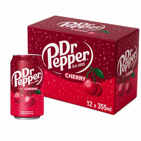 Dr Pepper 355ml (USA) Cherry Box with 12 cans in vibrant packaging showcasing cherry flavor.