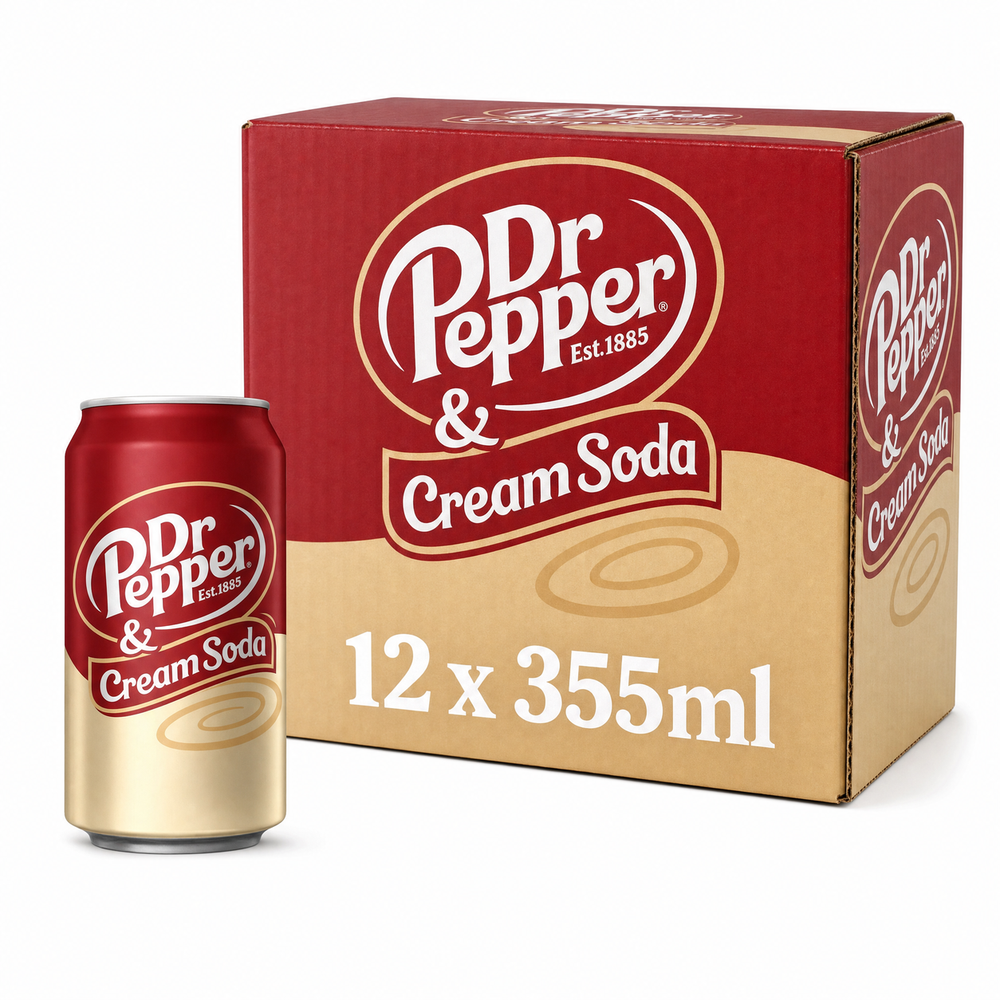 Dr Pepper 355ml (USA) Cream Soda Box with 12 cans displayed.
