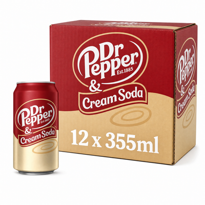 Dr Pepper 355ml (USA) Cream Soda Box with 12 cans displayed.