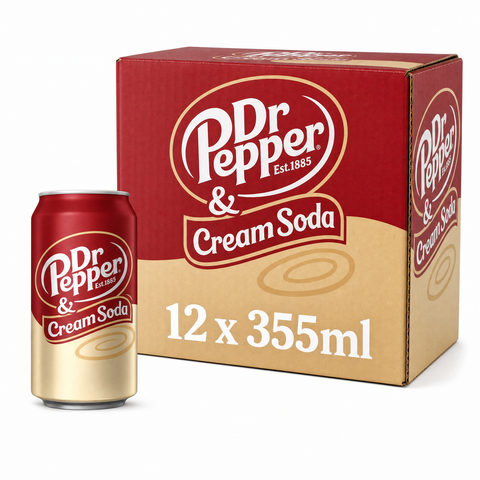 Dr Pepper 355ml (USA) Cream Soda Box with 12 cans displayed.