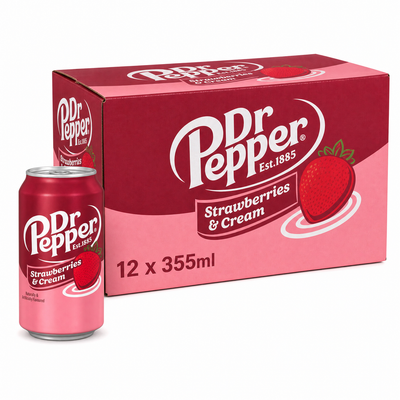 Dr Pepper 355ml (USA) Strawberries & Cream Box with 12 cans displayed in packaging.