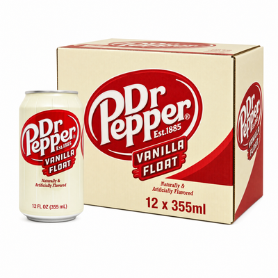 Dr Pepper 355ml (USA) Vanilla Float Box featuring a can and packaging of 12 cans.