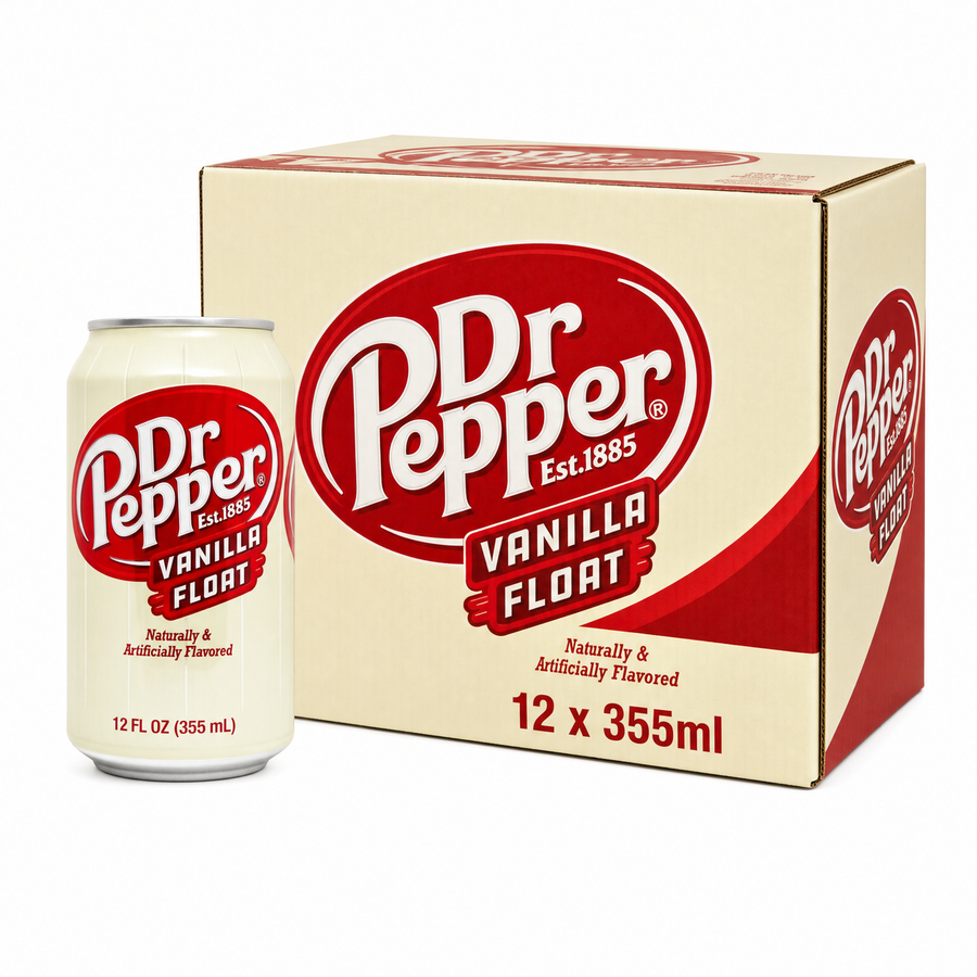 Dr Pepper 355ml (USA) Vanilla Float Box featuring a can and packaging of 12 cans.