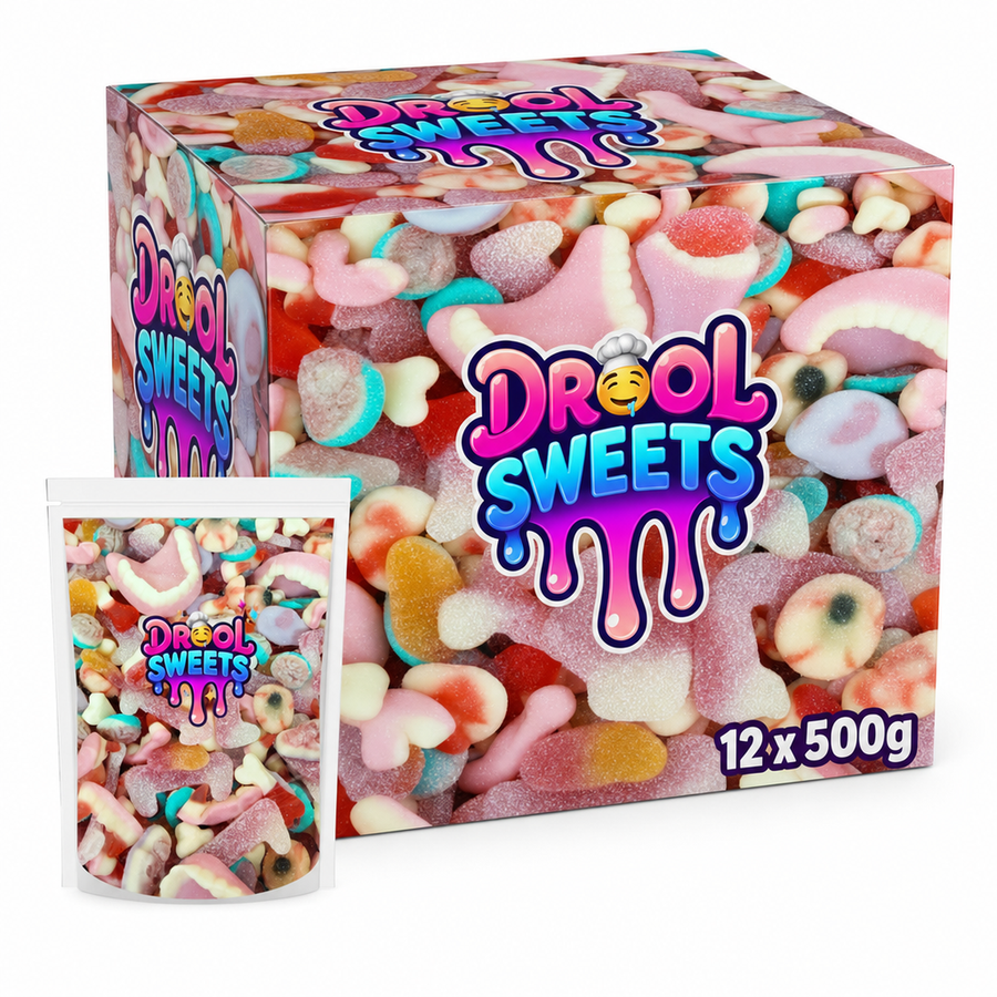 Drool Sweets Anatomy Mix 500g Box featuring an assortment of novelty gummy sweets in colorful packaging.