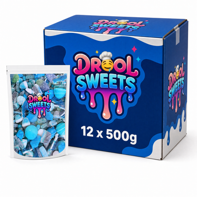 Drool Sweets Blue Mix 500g Box featuring a vibrant blue mix of gummy and jelly sweets.