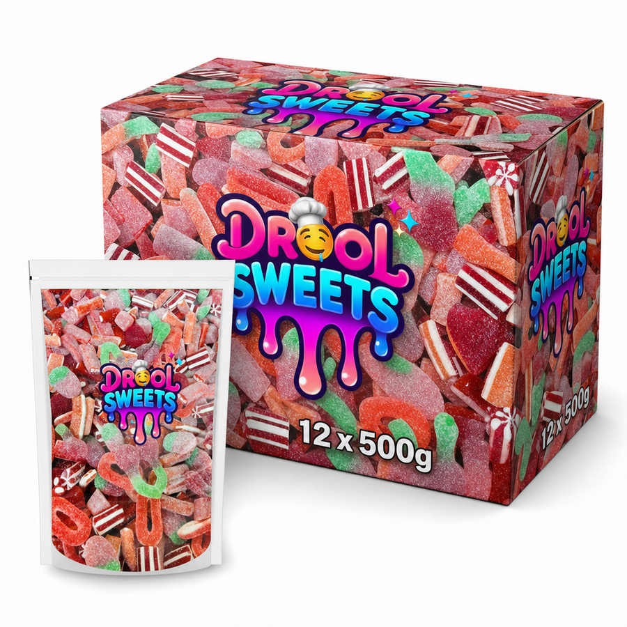 Drool Sweets Red Mix 500g Box featuring a vibrant assortment of gummy and jelly sweets in a colorful packaging.