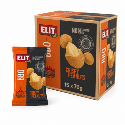 Elit Coated Peanuts BBQ 70g Box with crispy peanuts packaging and bold BBQ flavor.