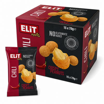 Elit Coated Peanuts Chilli 70g Box featuring crispy peanuts with spicy chili seasoning and no glutamate added.